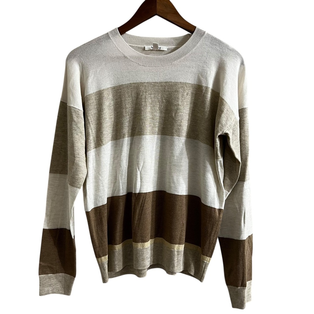 Splendid Collection Women Brown‎ Tan Cream Striped Crewneck Knit Sweater Small